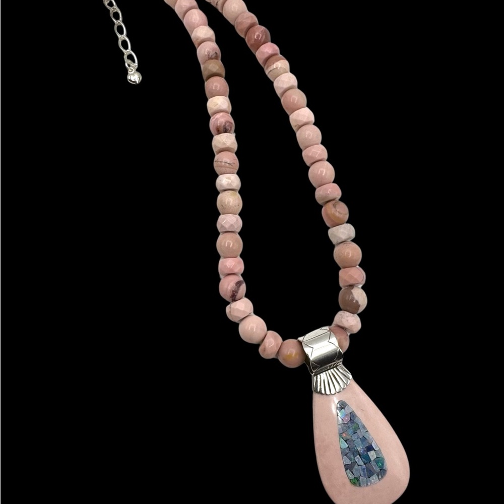Jay King Sterling Silver Pink Opal And Fire Opal Inlay Pendant Beaded Necklace